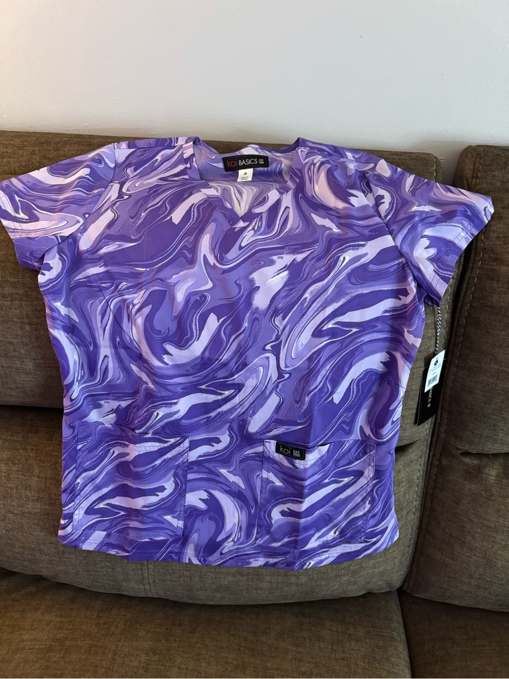 koi Purple Swirl Short Sleeve Scrub Top